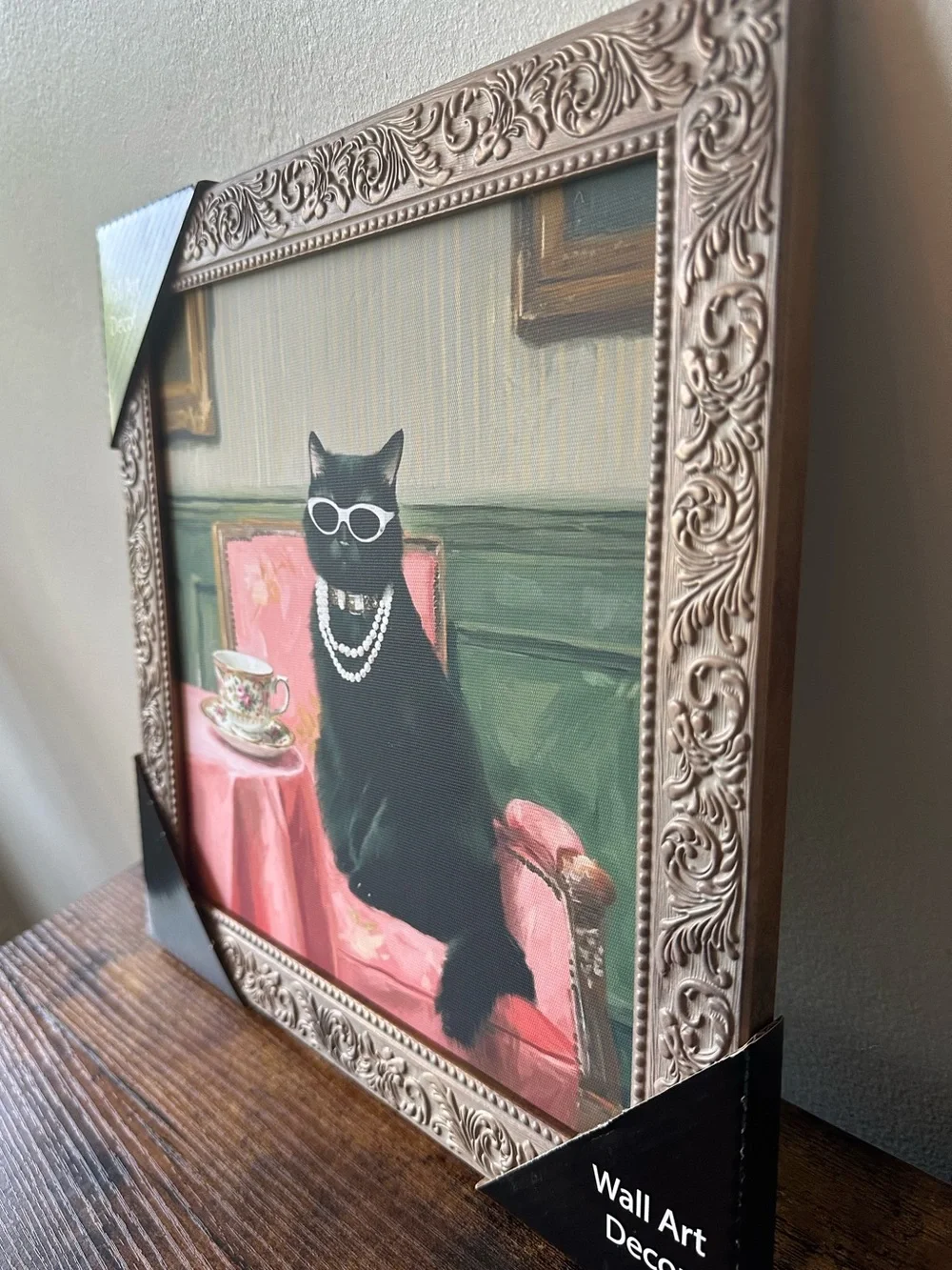 Framed Black Cat with Pearls & Sunglasses Wall Art Decor with Pink Accents NEW